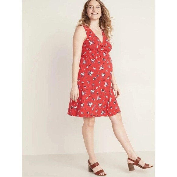 Old Navy Maternity Nursing Red Floral Twist Front Jersey Dress Size Medium NWT - Picture 1 of 5
